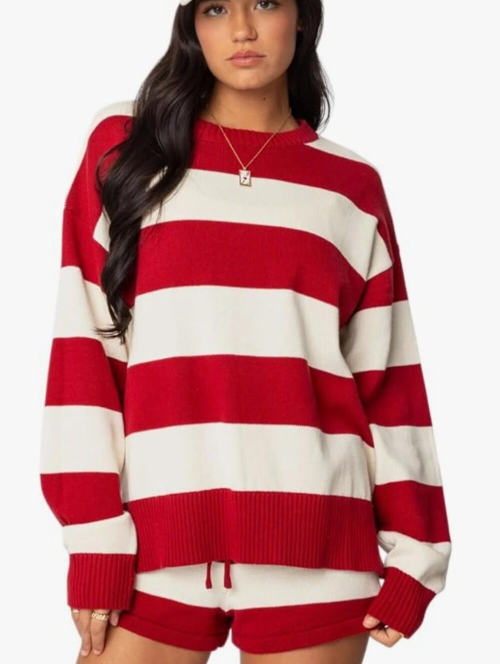 New Oversized Red and White Stripe Women's Sweater Set